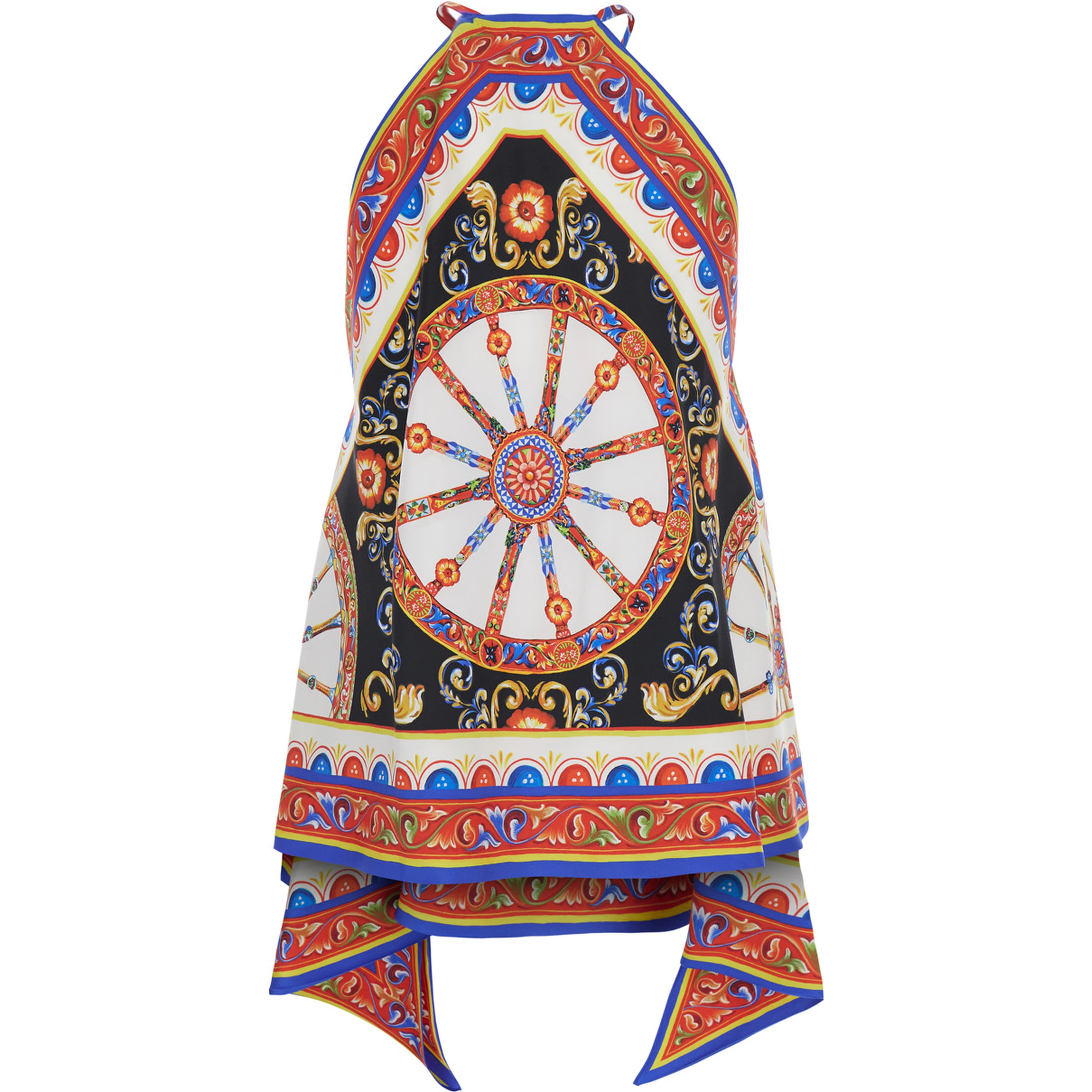Multicolor Sleeveless Top with Halterneck and All-Over Carretto Motif in Silk for Women