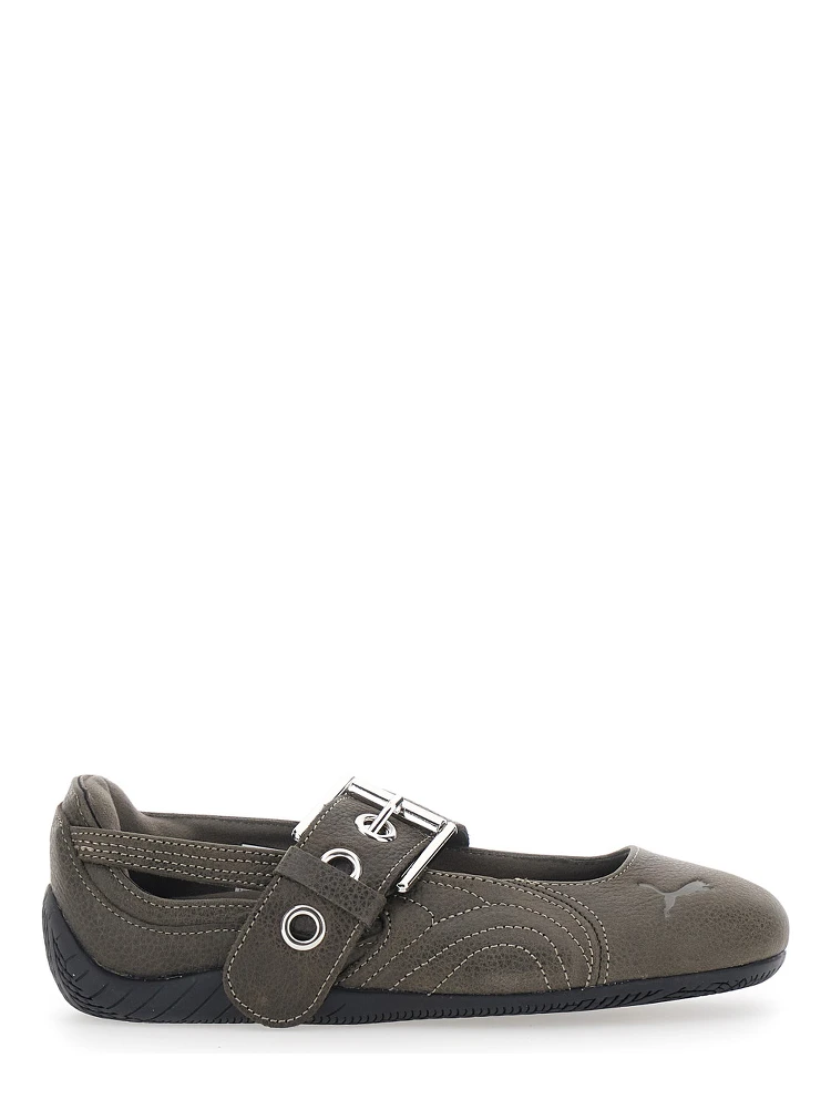 Speedcat Brown Ballet shoes with buckle strap and logo on the front in leather for women