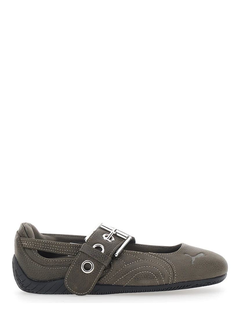 Speedcat Brown Ballet shoes with buckle strap and logo on the front in leather for women