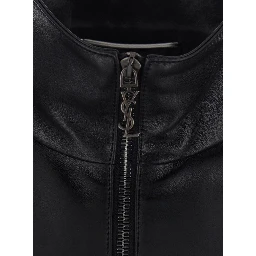 Black High Collar Jacket with Front Zip Closure and Cassandre Plaque on Zipper Pull in Leather for Men