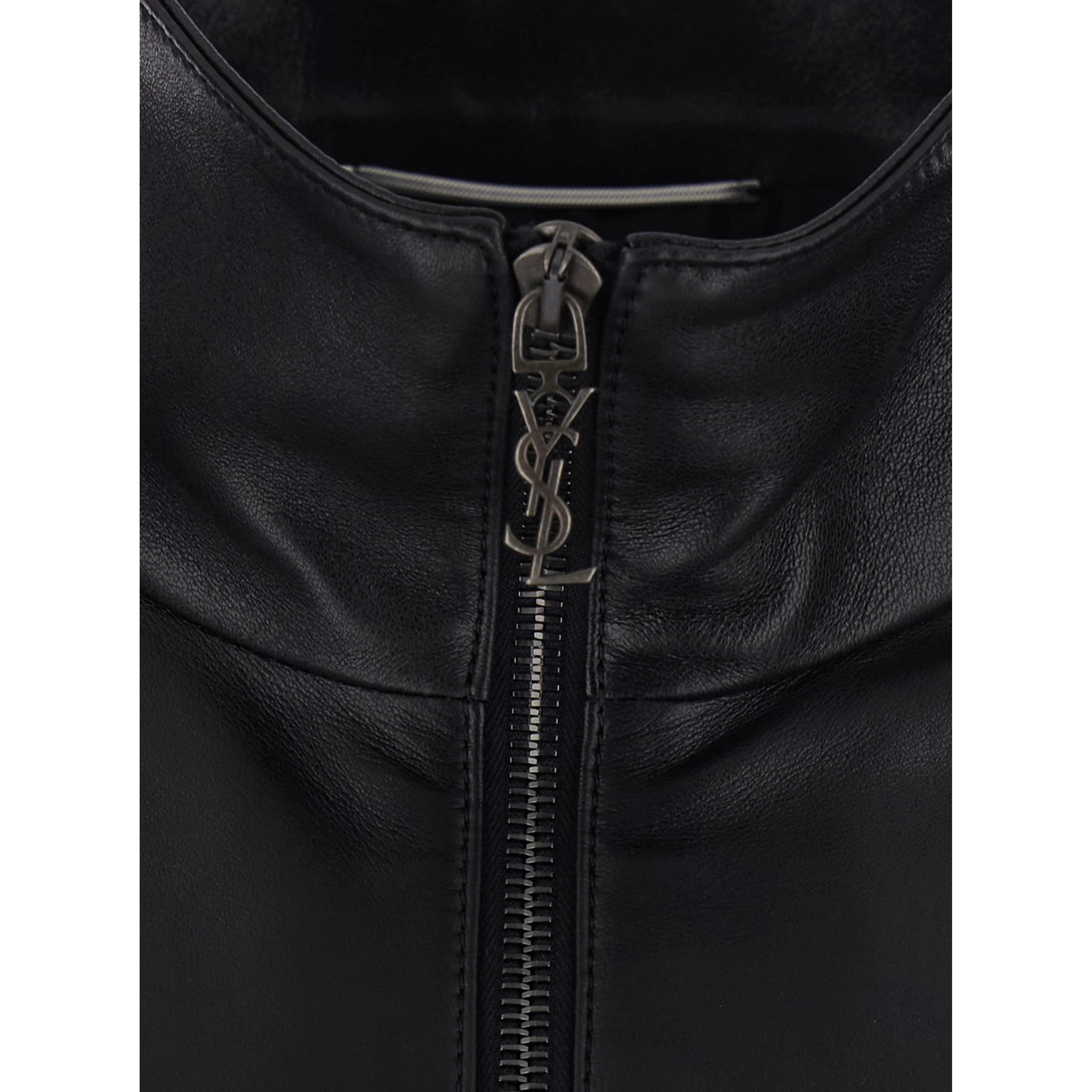 Black High Collar Jacket with Front Zip Closure and Cassandre Plaque on Zipper Pull in Leather for Men