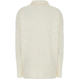 Heidi White Sweater with High Neck and Ribbed Trims in Cashmere for Women