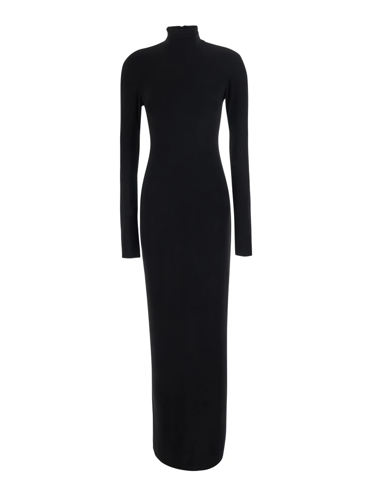 Black Long dress with high collar and back closure in Tech Fabric for women
