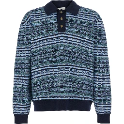 Blue Sweater with polo collar and all-over stripes in wool blend for men