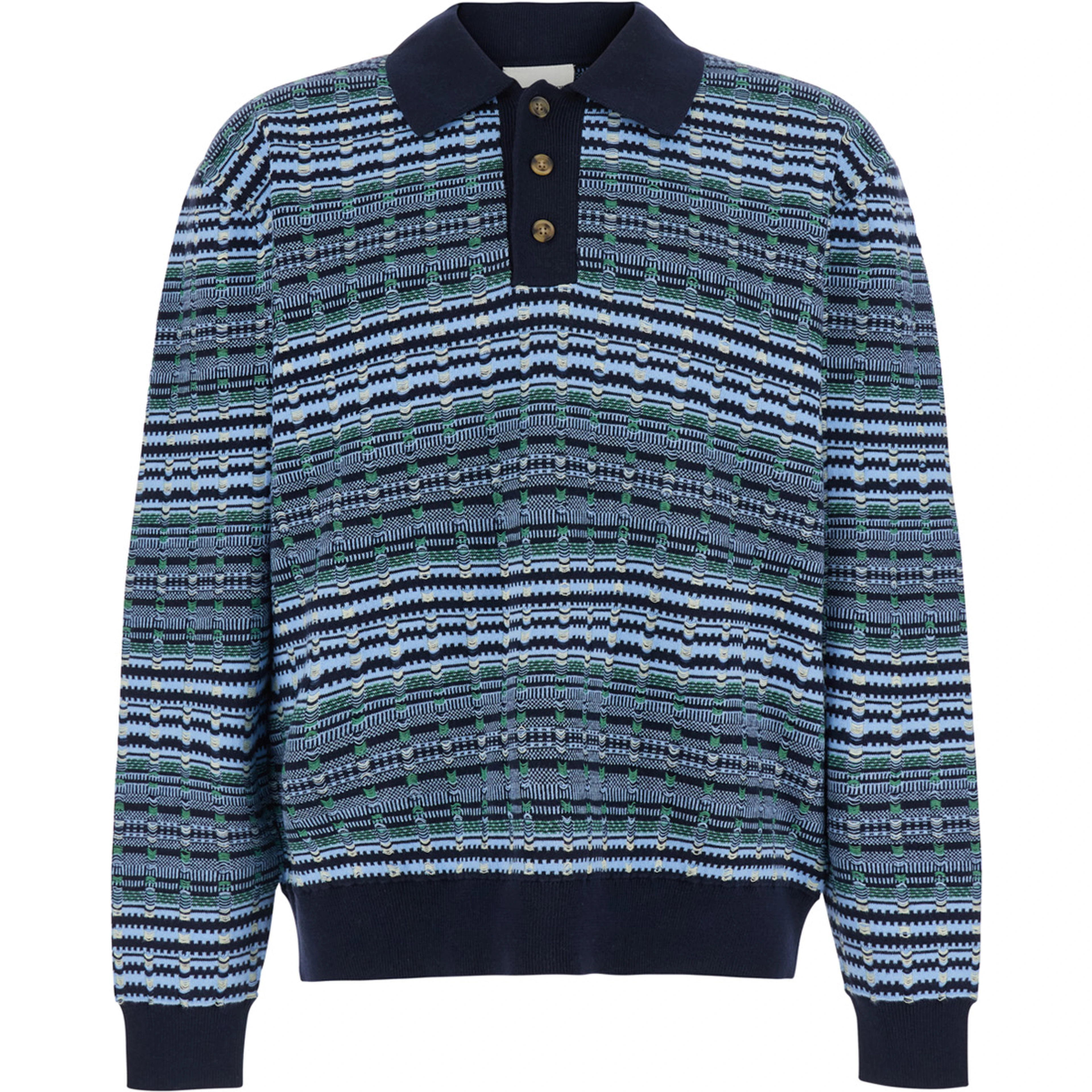Blue Sweater with polo collar and all-over stripes in wool blend for men