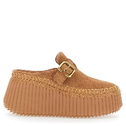 Nama Brown Mules with Wedge Heeles with Adjustable Buckle Strap in Suede for Women