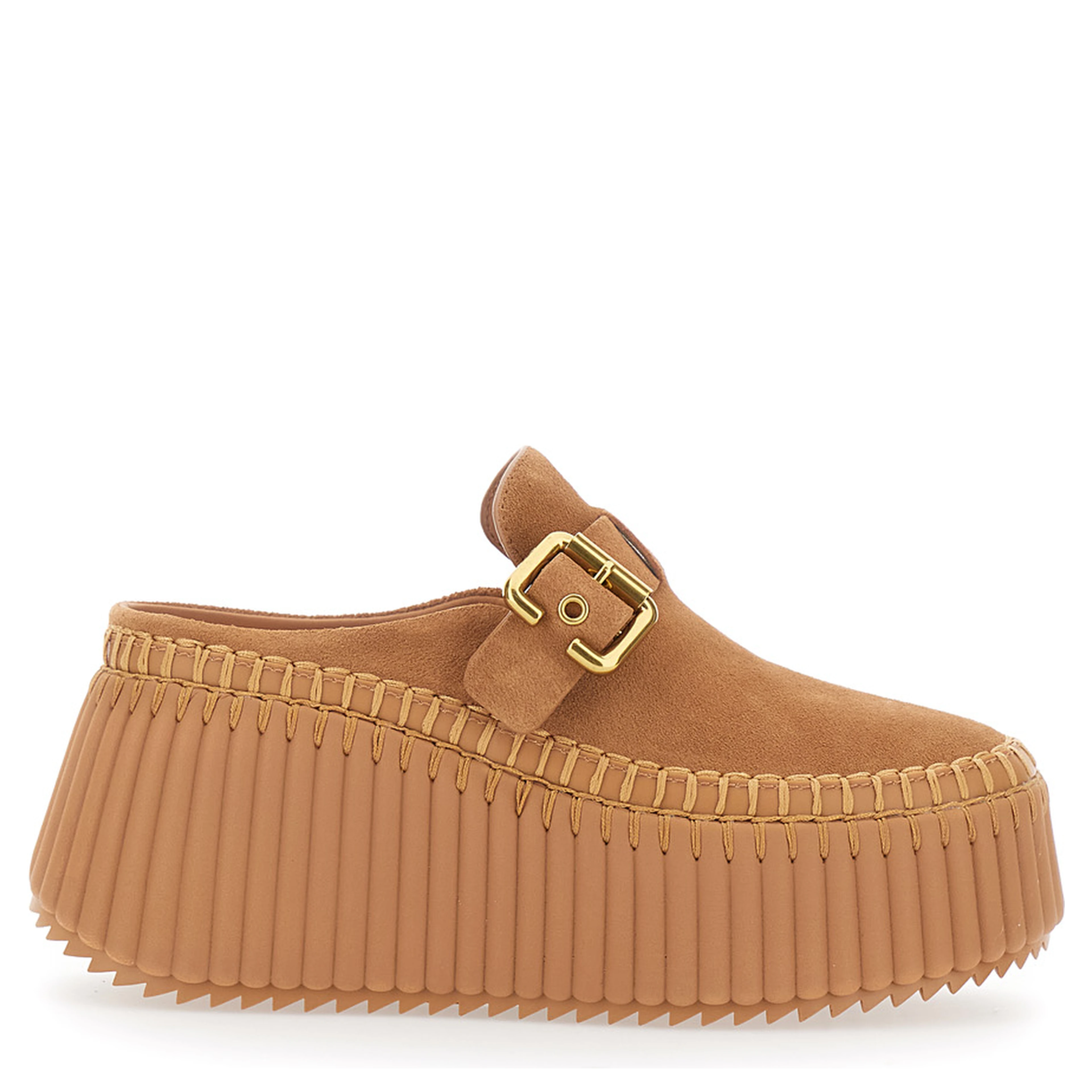 Nama Brown Mules with Wedge Heeles with Adjustable Buckle Strap in Suede for Women