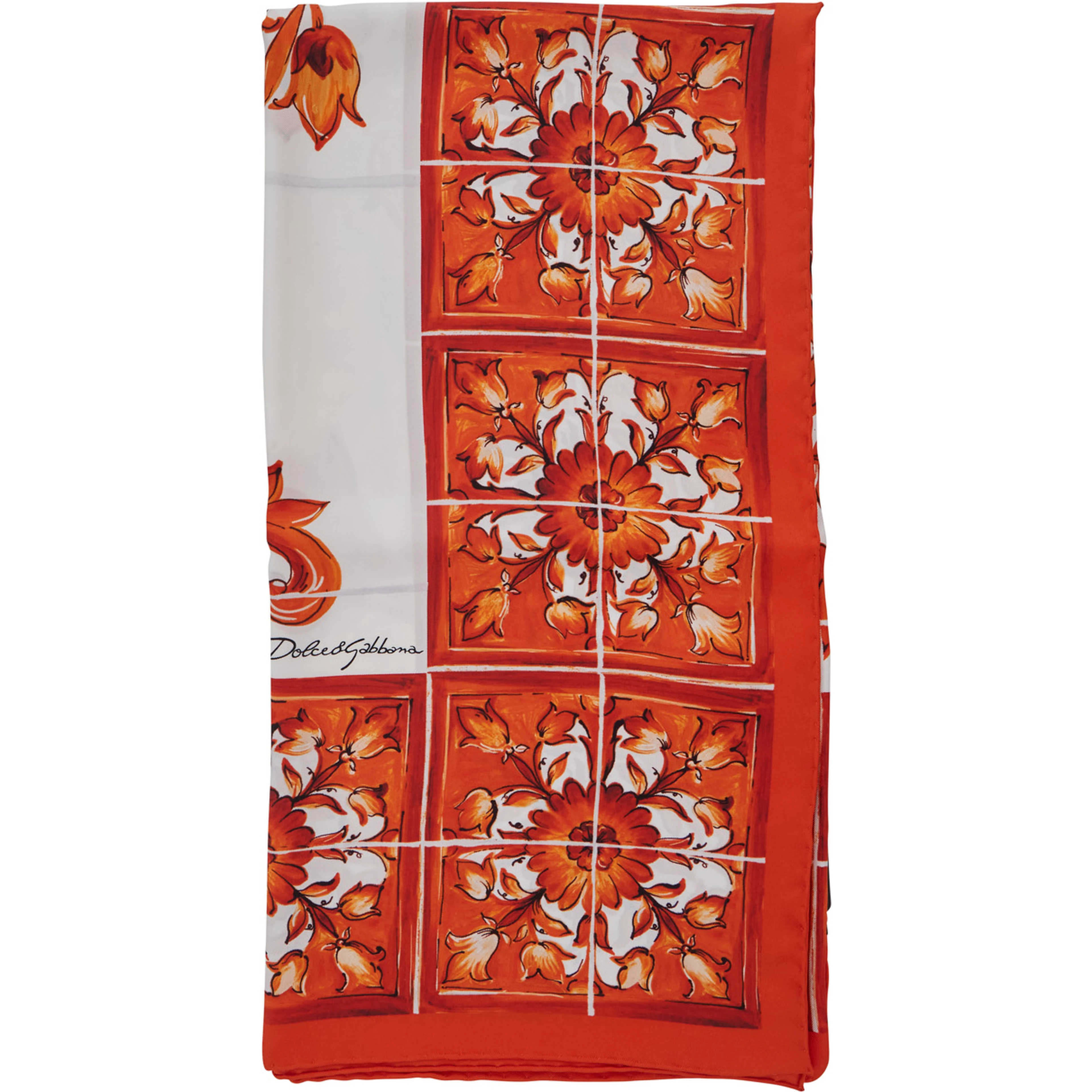 Orange Square Scarf with All-Over Majolica Print in Silk for Women