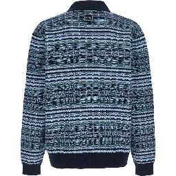 Blue Sweater with polo collar and all-over stripes in wool blend for men