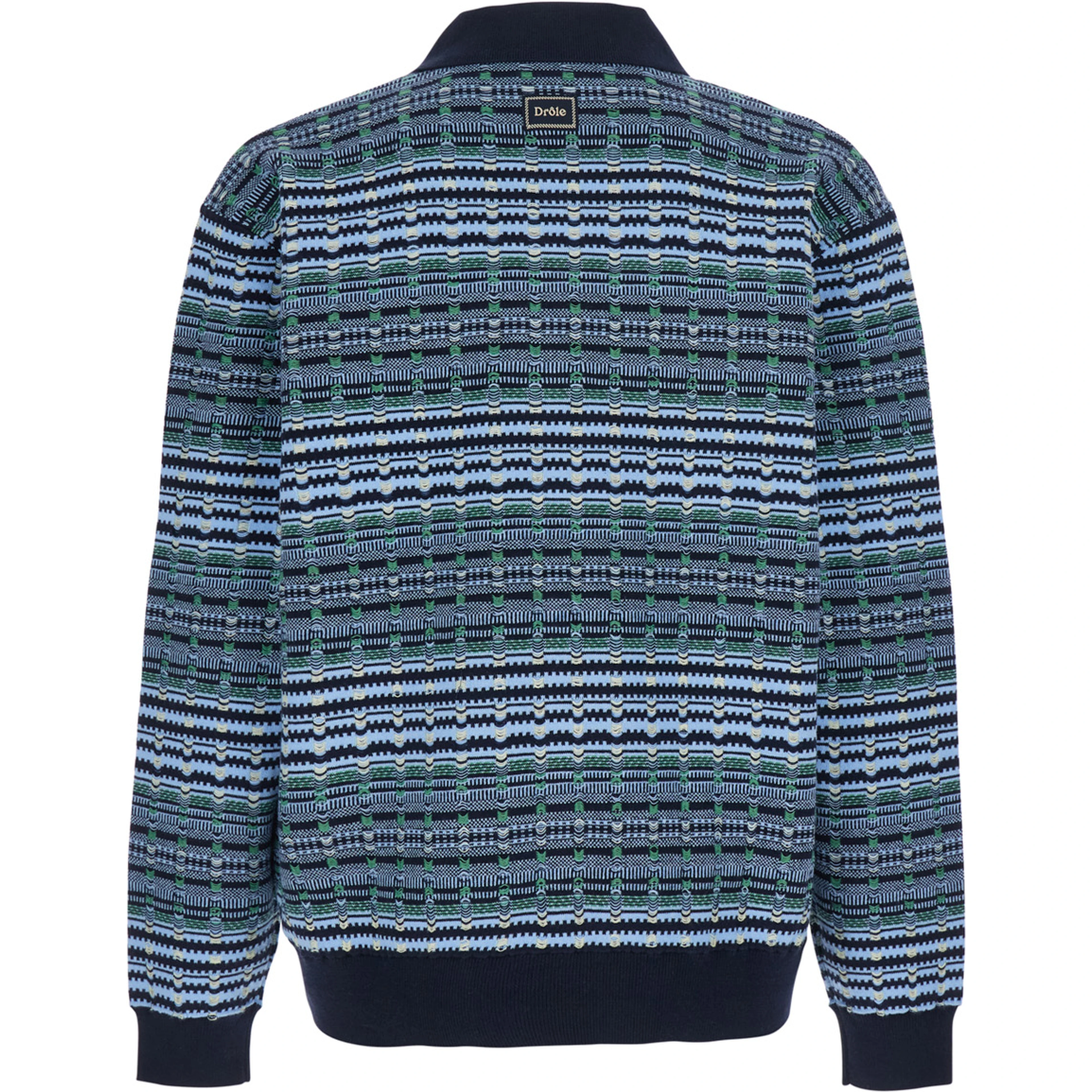 Blue Sweater with polo collar and all-over stripes in wool blend for men