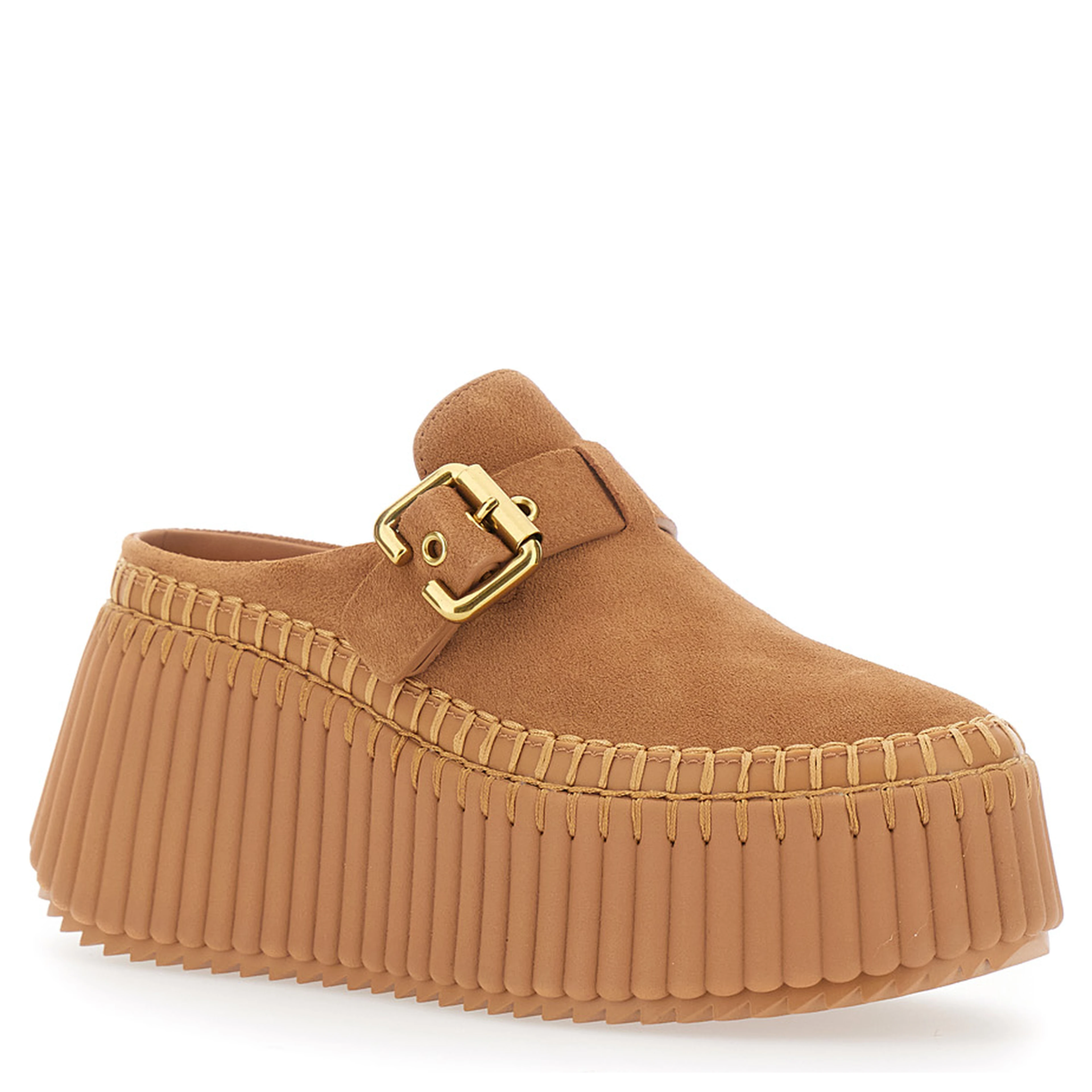 Nama Brown Mules with Wedge Heeles with Adjustable Buckle Strap in Suede for Women