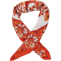 Orange Square Scarf with All-Over Majolica Print in Silk for Women
