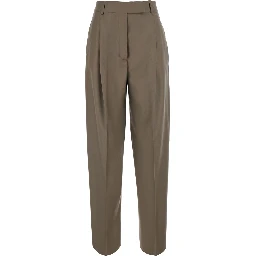 Daria Brown Pants with Single Pleat on the Front and Tapered Leg in Wool for Women