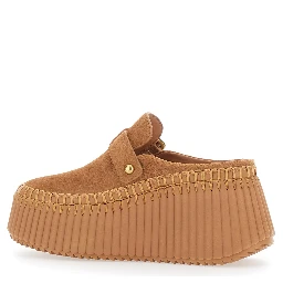 Nama Brown Mules with Wedge Heeles with Adjustable Buckle Strap in Suede for Women