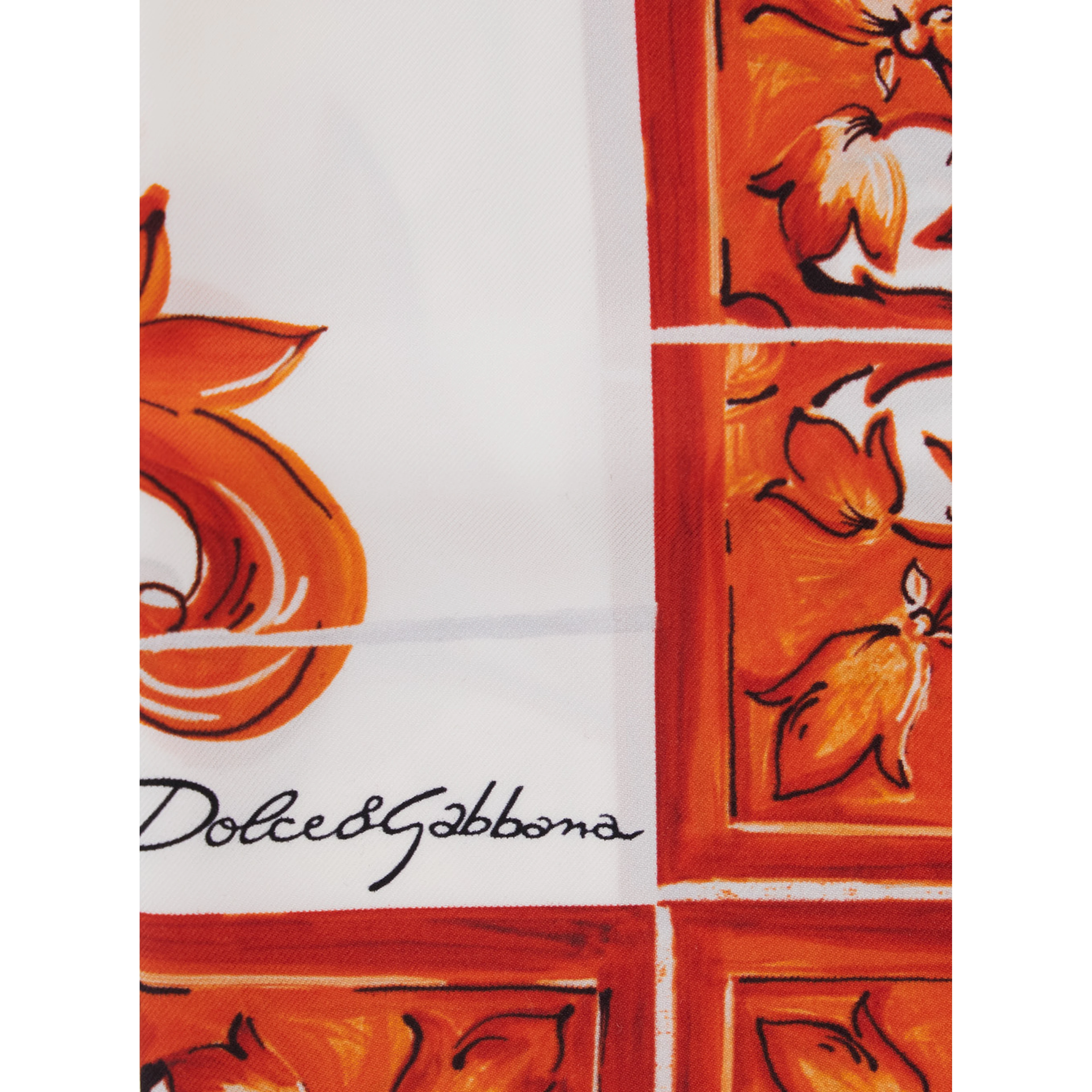 Orange Square Scarf with All-Over Majolica Print in Silk for Women