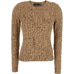 beige Crewneck sweater with cable knit and logo on the front in cotton Blend women