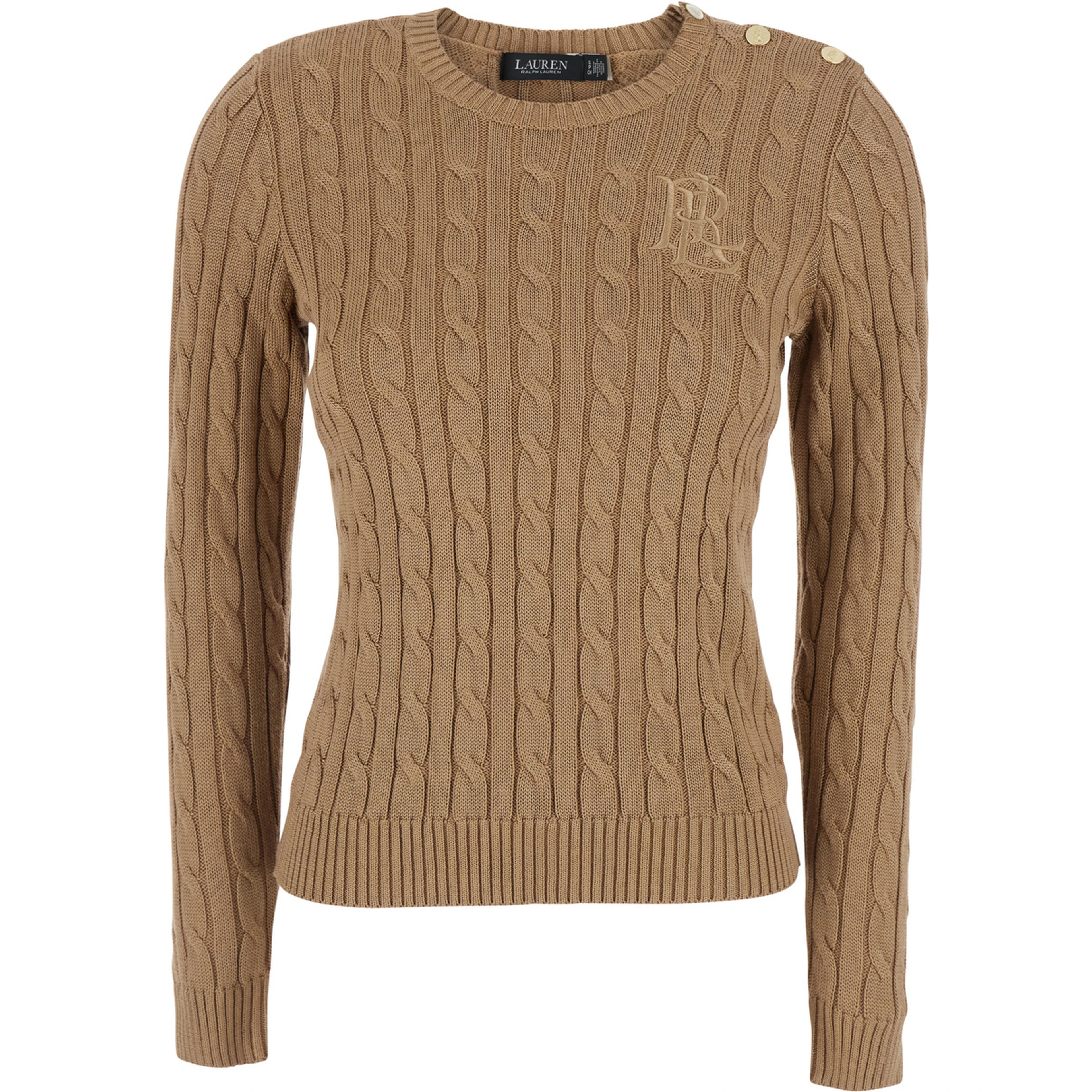 beige Crewneck sweater with cable knit and logo on the front in cotton Blend women