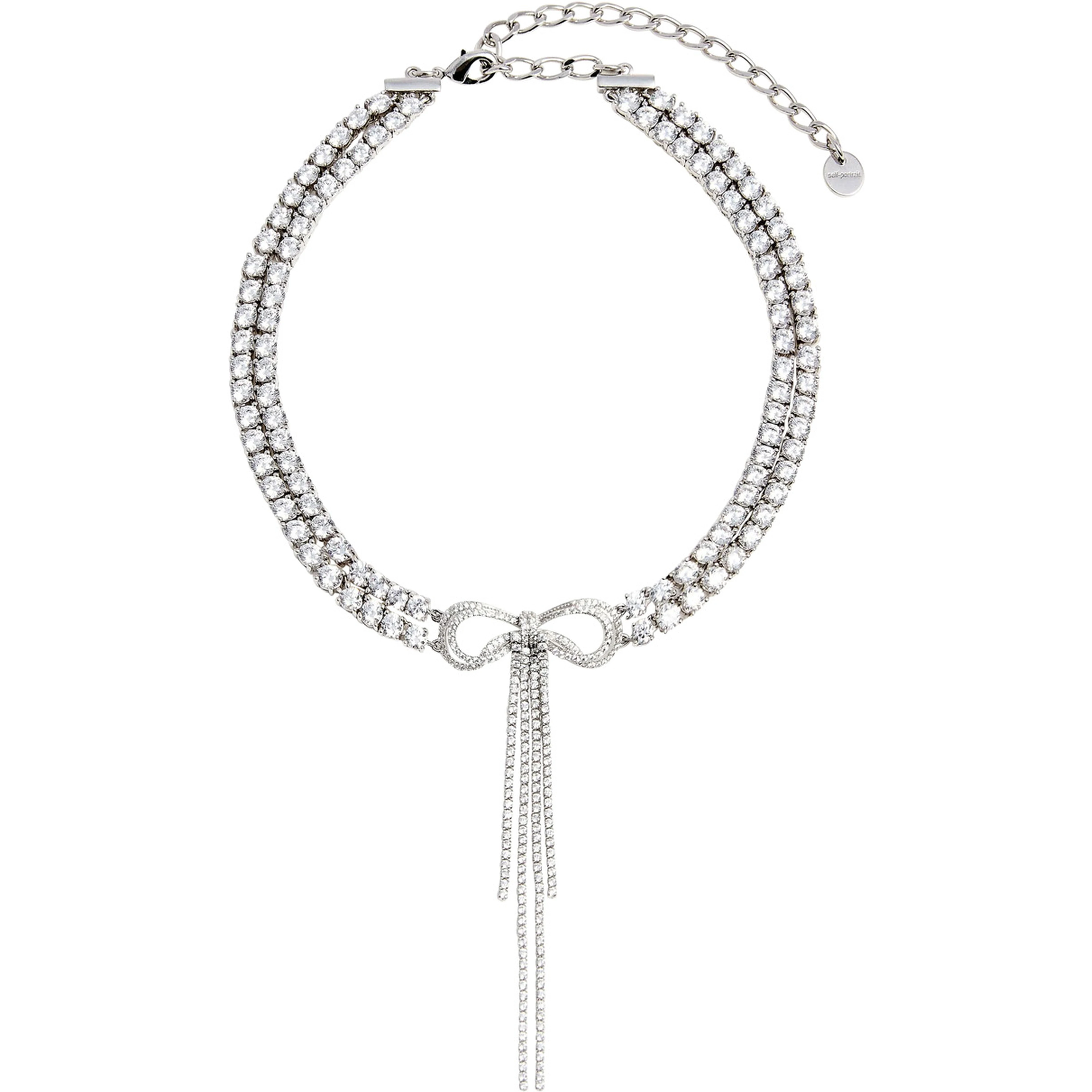 Silver-Colored Choker Necklace with Bow and Pendant in Metal for Women