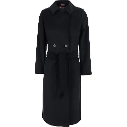 Black Coat with Classic Collar and Front Belt Closure in Wool for Women