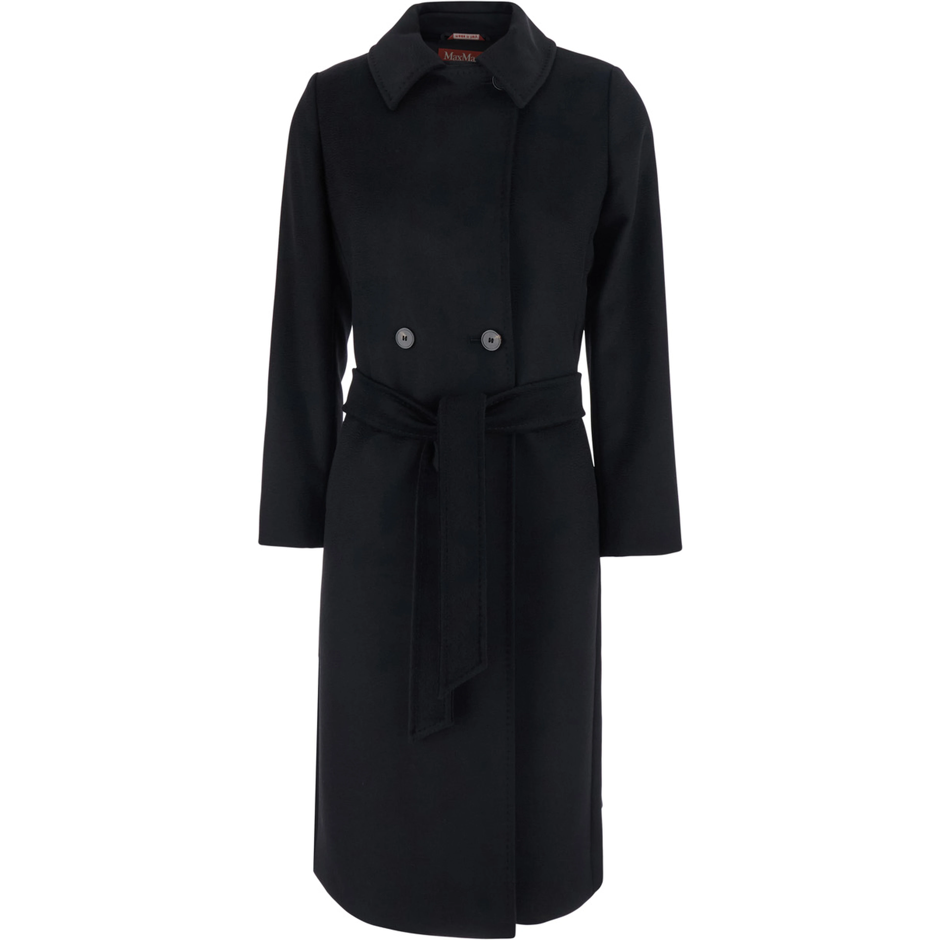 Black Coat with Classic Collar and Front Belt Closure in Wool for Women