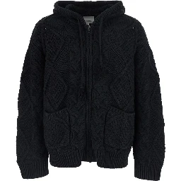 Black Hooded Cardigan with All-Over Embroidery in Wool for Men