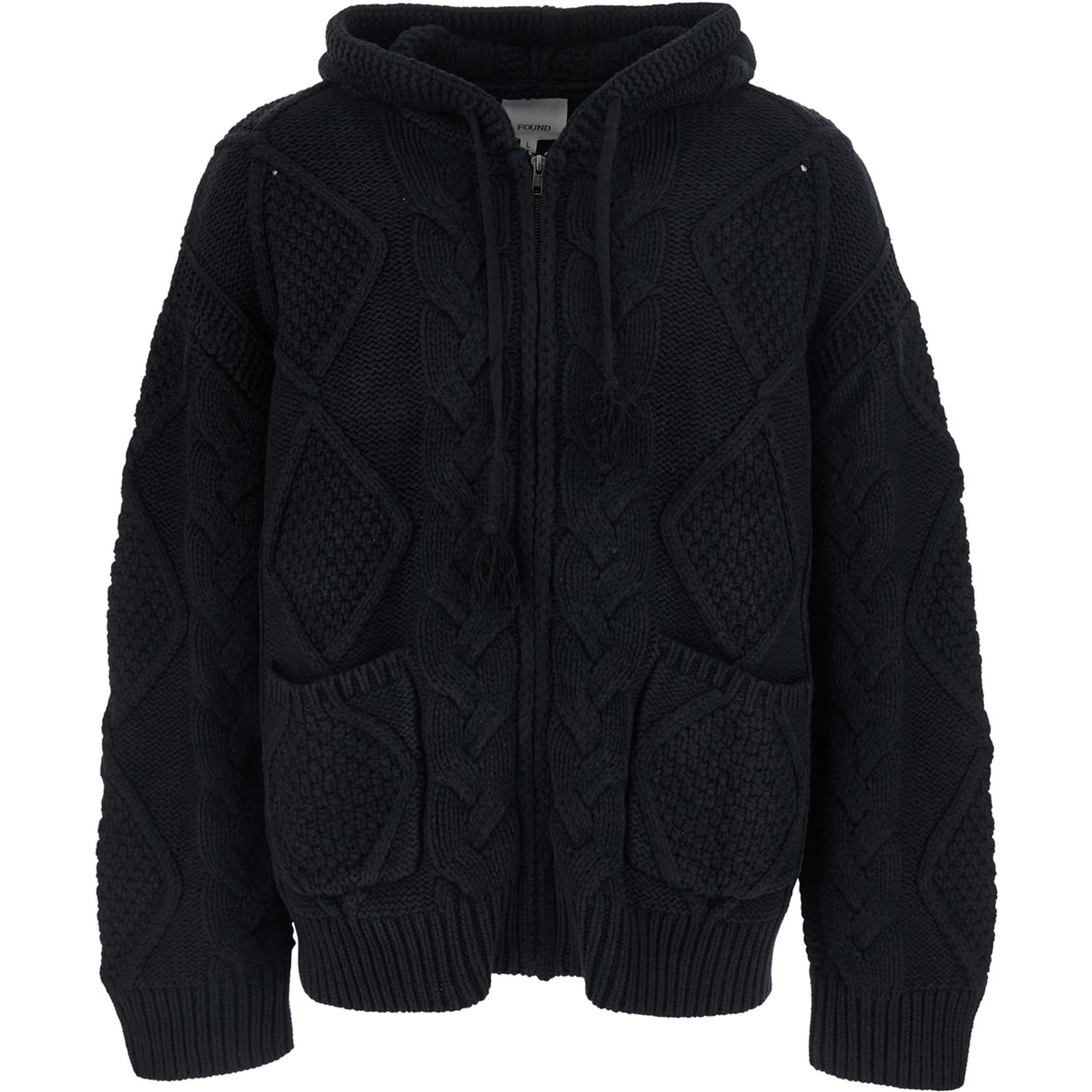 Black Hooded Cardigan with All-Over Embroidery in Wool for Men