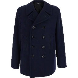 Blue Double-Breasted Jacket with Notched Revers in Wool for Men