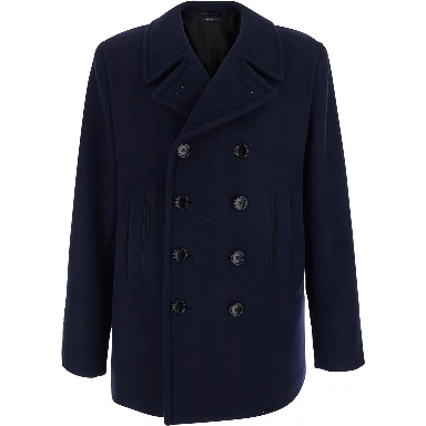 Blue Double-Breasted Jacket with Notched Revers in Wool for Men