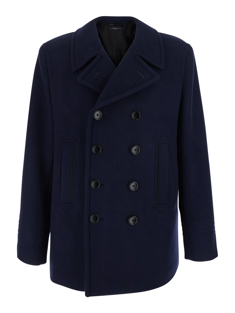 Blue Double-Breasted Jacket with Notched Revers in Wool for Men