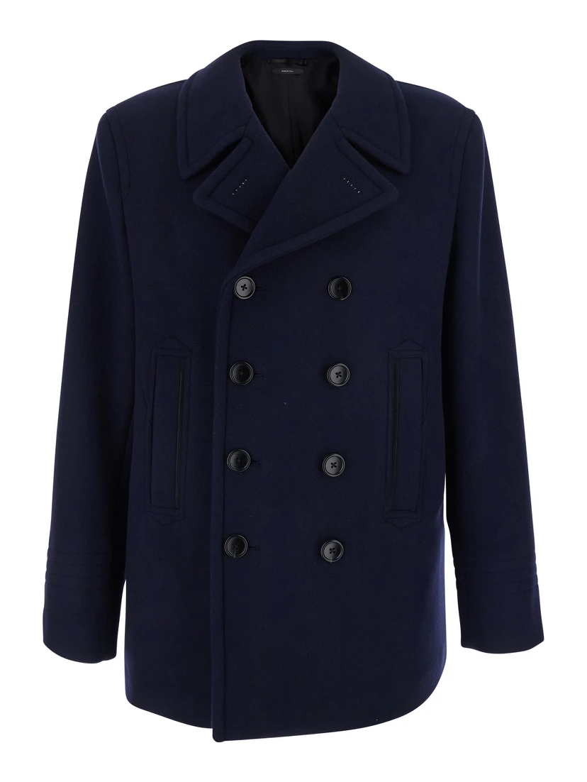 Blue Double-Breasted Jacket with Notched Revers in Wool for Men