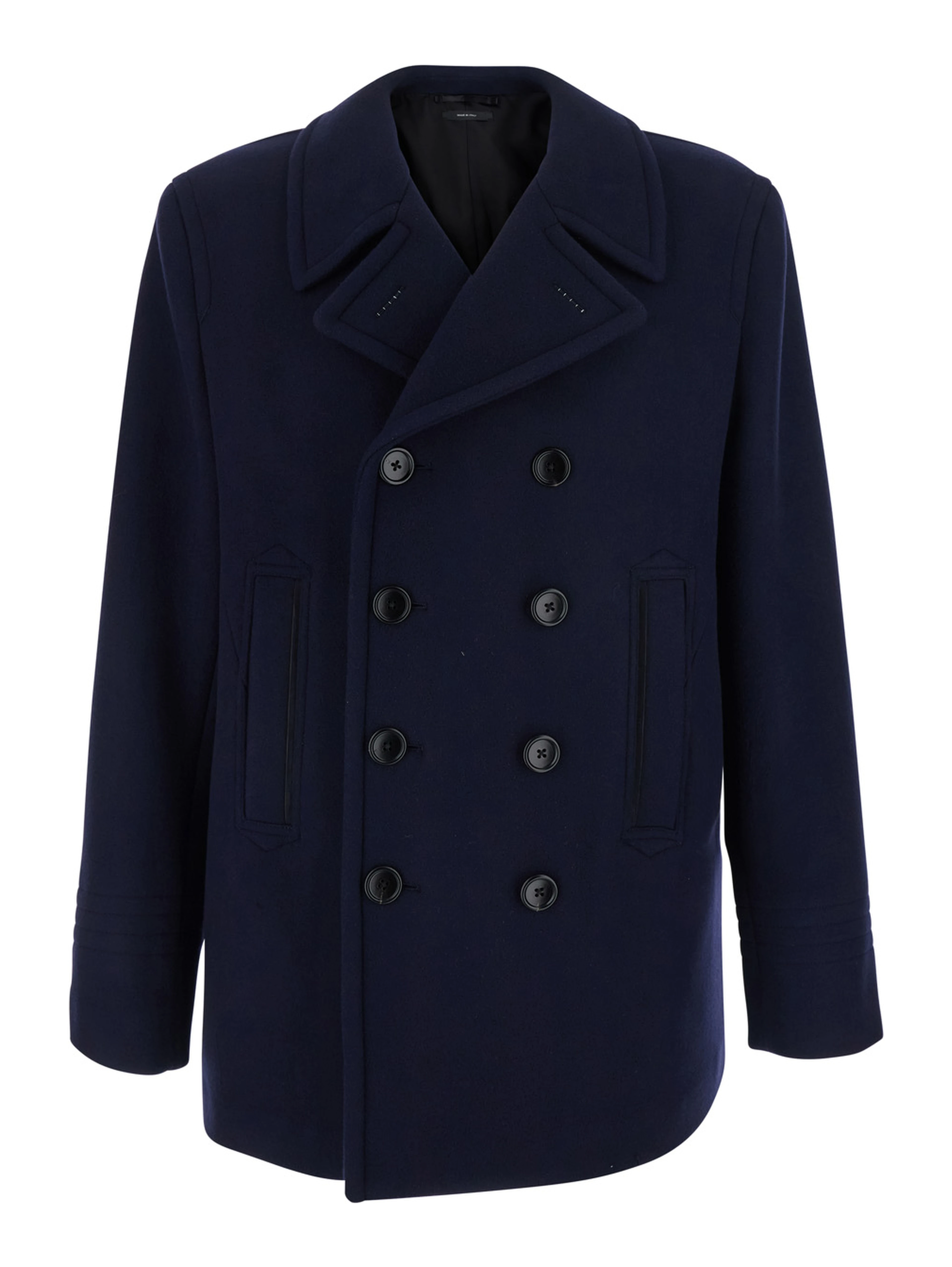 Blue Double-Breasted Jacket with Notched Revers in Wool for Men