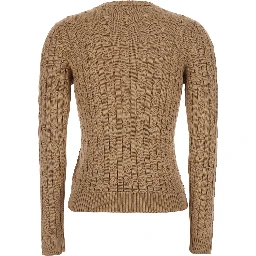 beige Crewneck sweater with cable knit and logo on the front in cotton Blend women