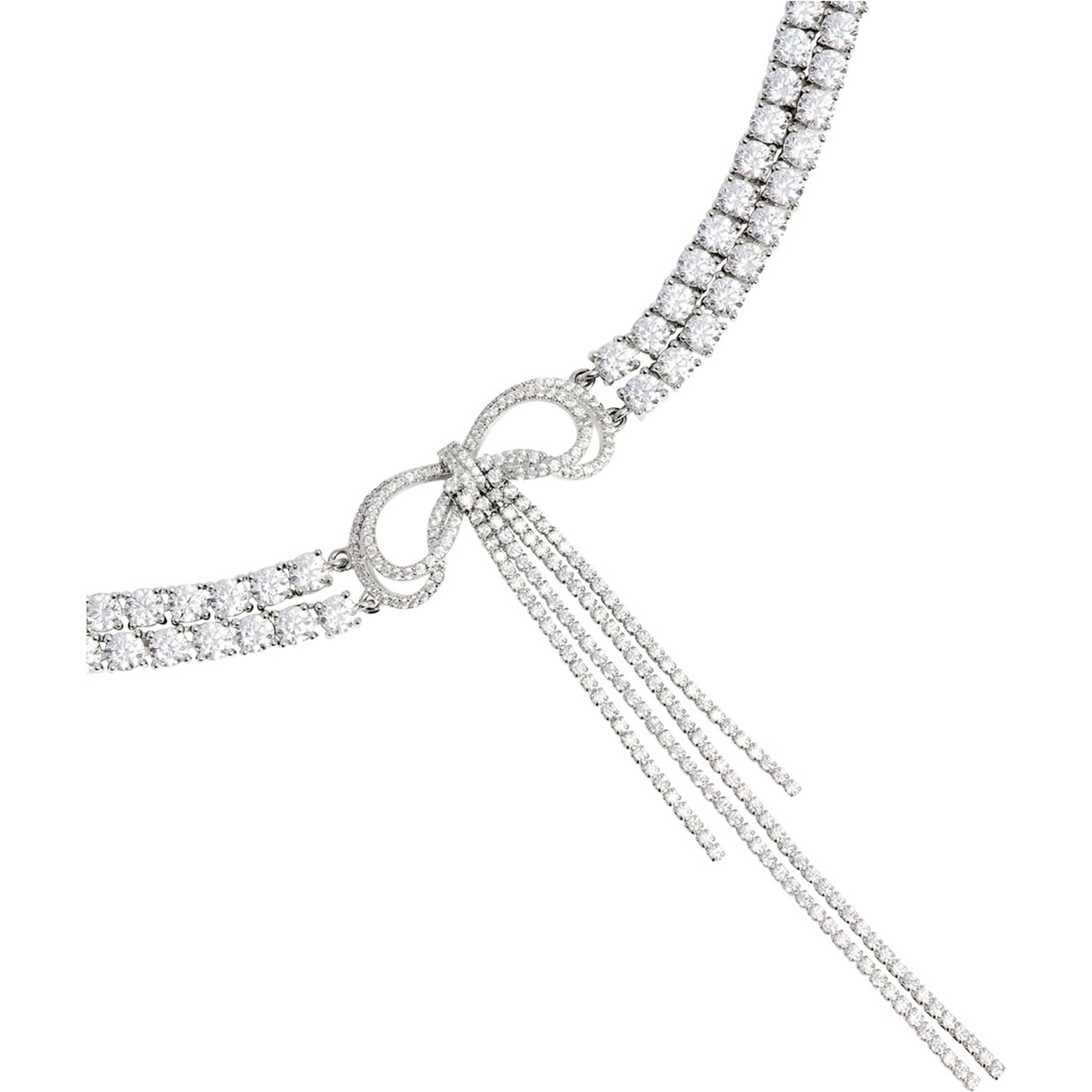 Silver-Colored Choker Necklace with Bow and Pendant in Metal for Women