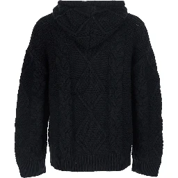 Black Hooded Cardigan with All-Over Embroidery in Wool for Men
