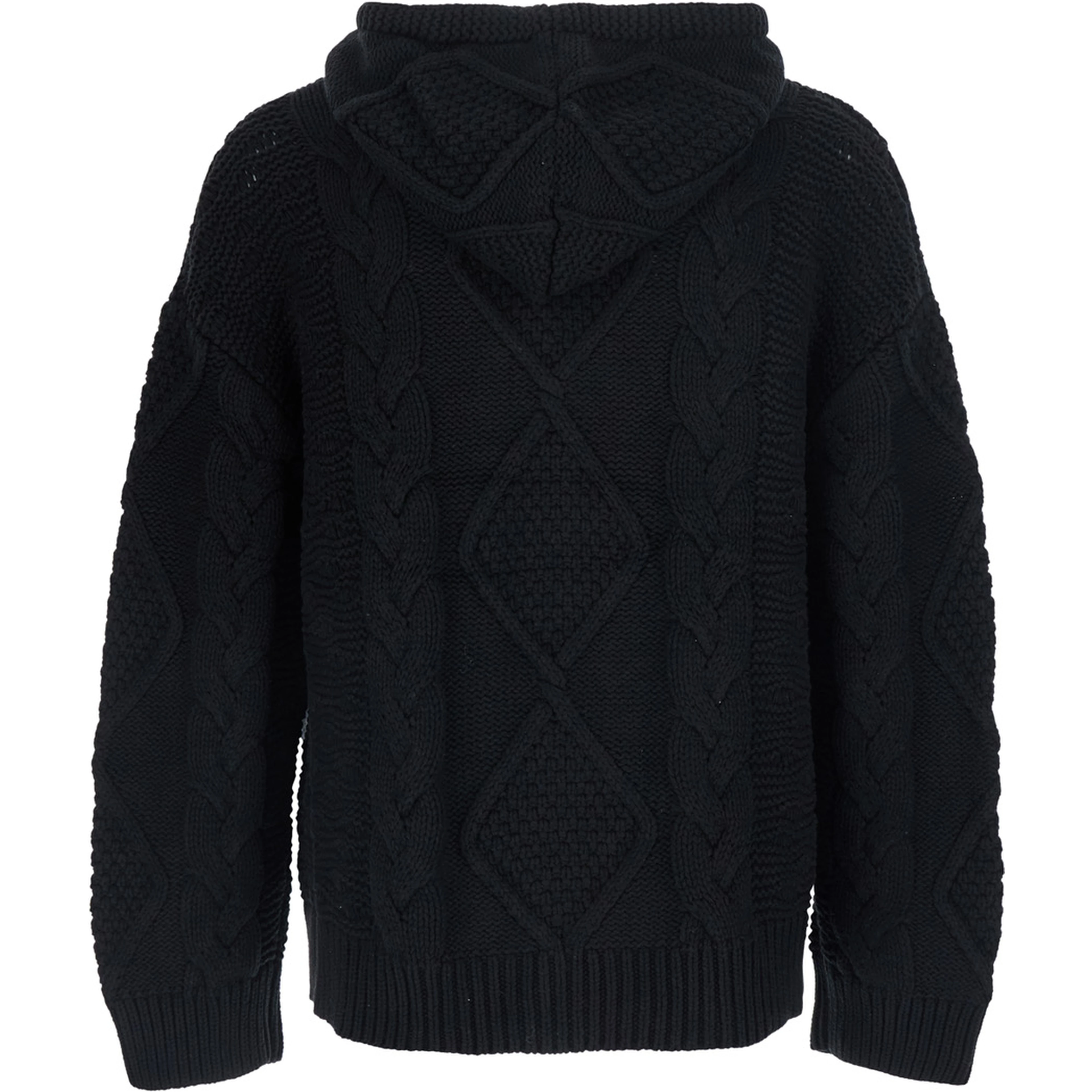 Black Hooded Cardigan with All-Over Embroidery in Wool for Men