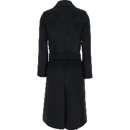 Black Coat with Classic Collar and Front Belt Closure in Wool for Women