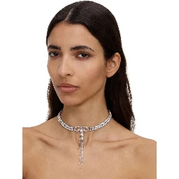 Silver-Colored Choker Necklace with Bow and Pendant in Metal for Women