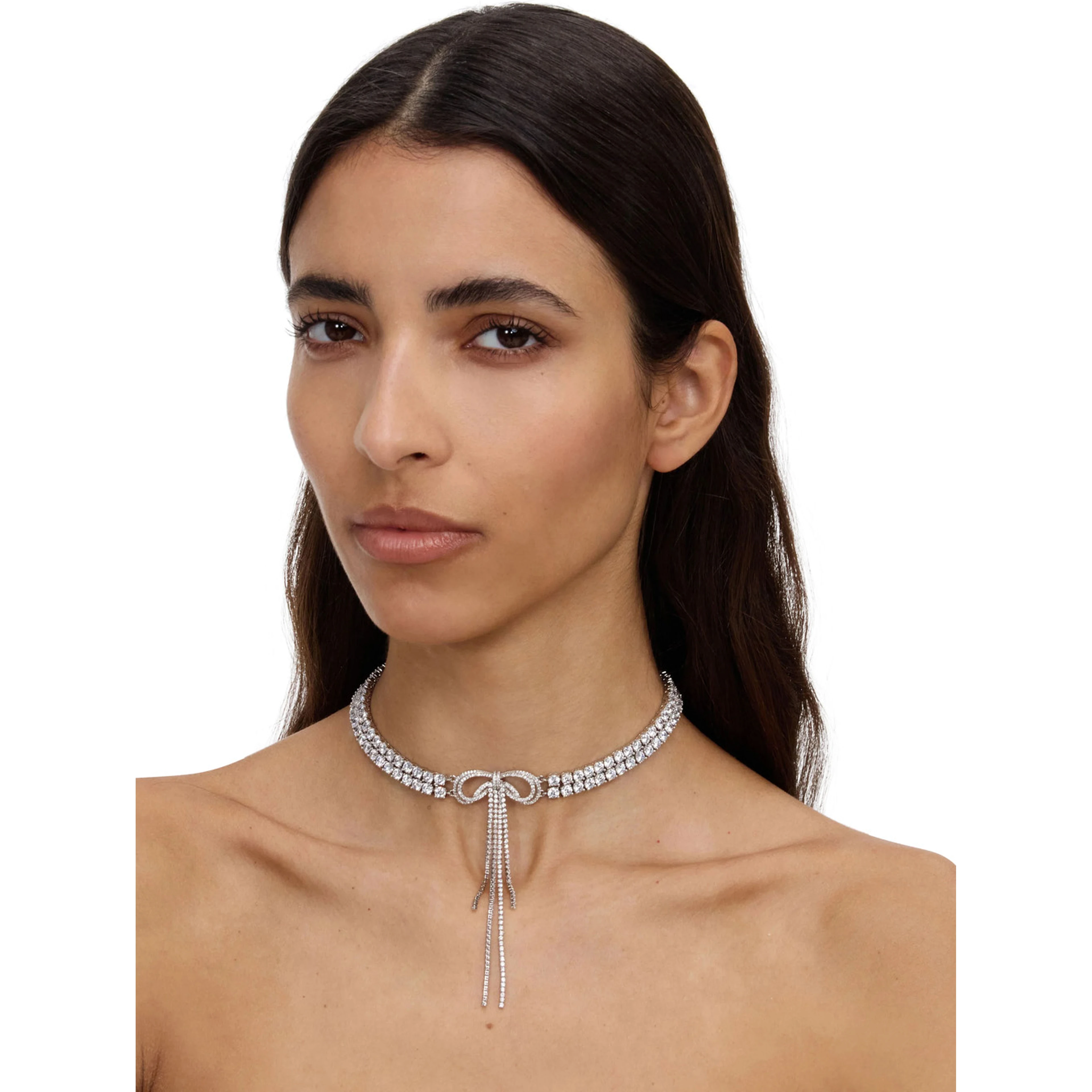 Silver-Colored Choker Necklace with Bow and Pendant in Metal for Women
