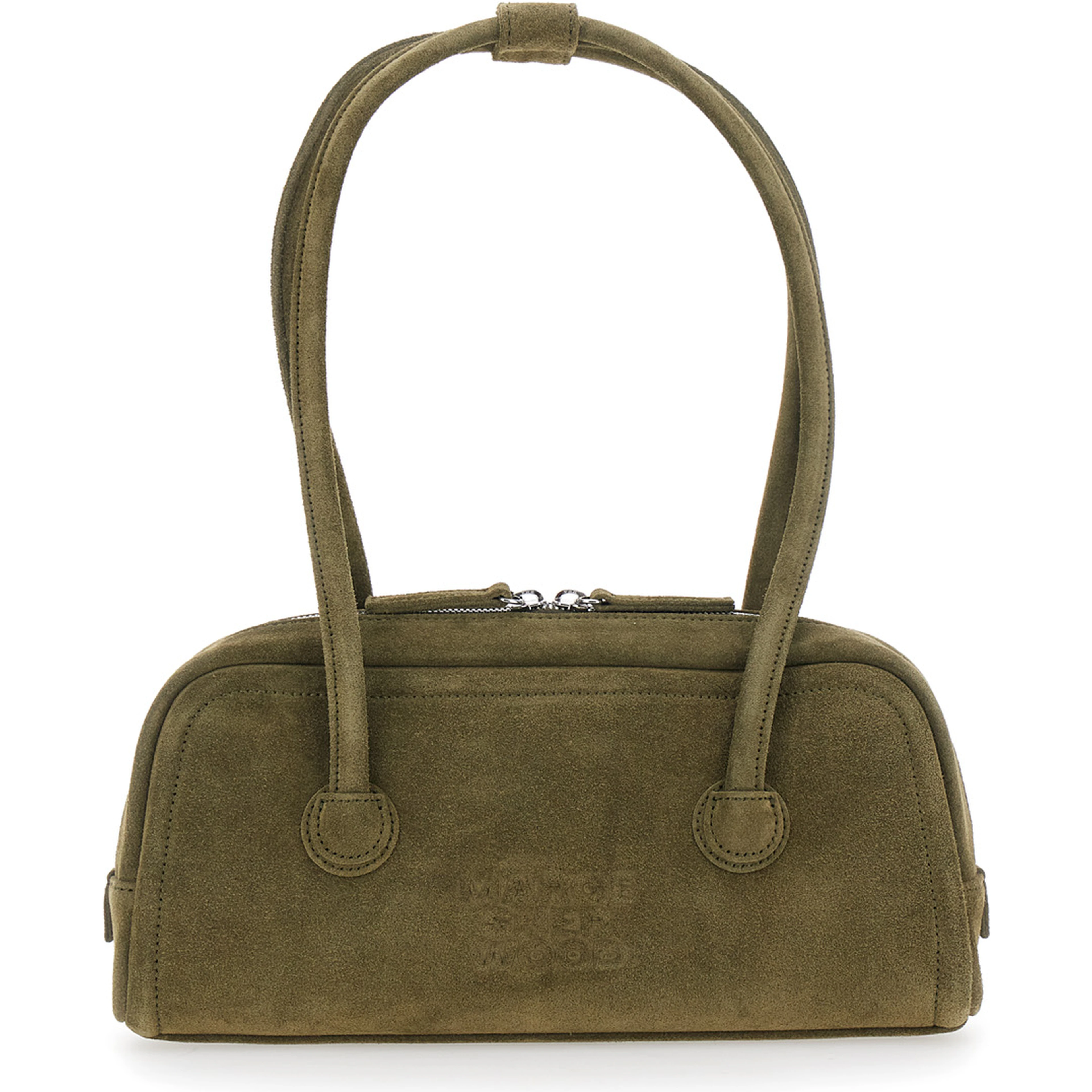 Soft Boston Ew green Shoulder bag with Two Top Handles and Logo lettering on the Front in suede Women
