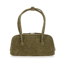 Soft Boston Ew green Shoulder bag with Two Top Handles and Logo lettering on the Front in suede Women