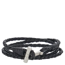 Black String Bracelet with Woven Design and Metal Plate Closure in Leather for Men