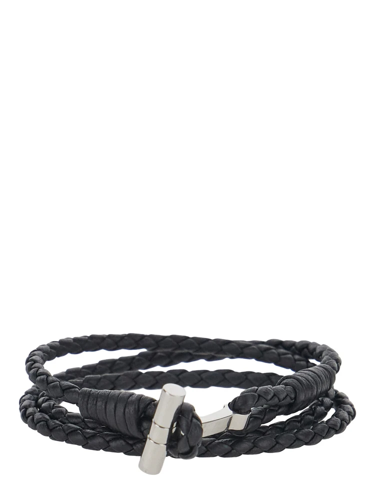Black String Bracelet with Woven Design and Metal Plate Closure in Leather for Men