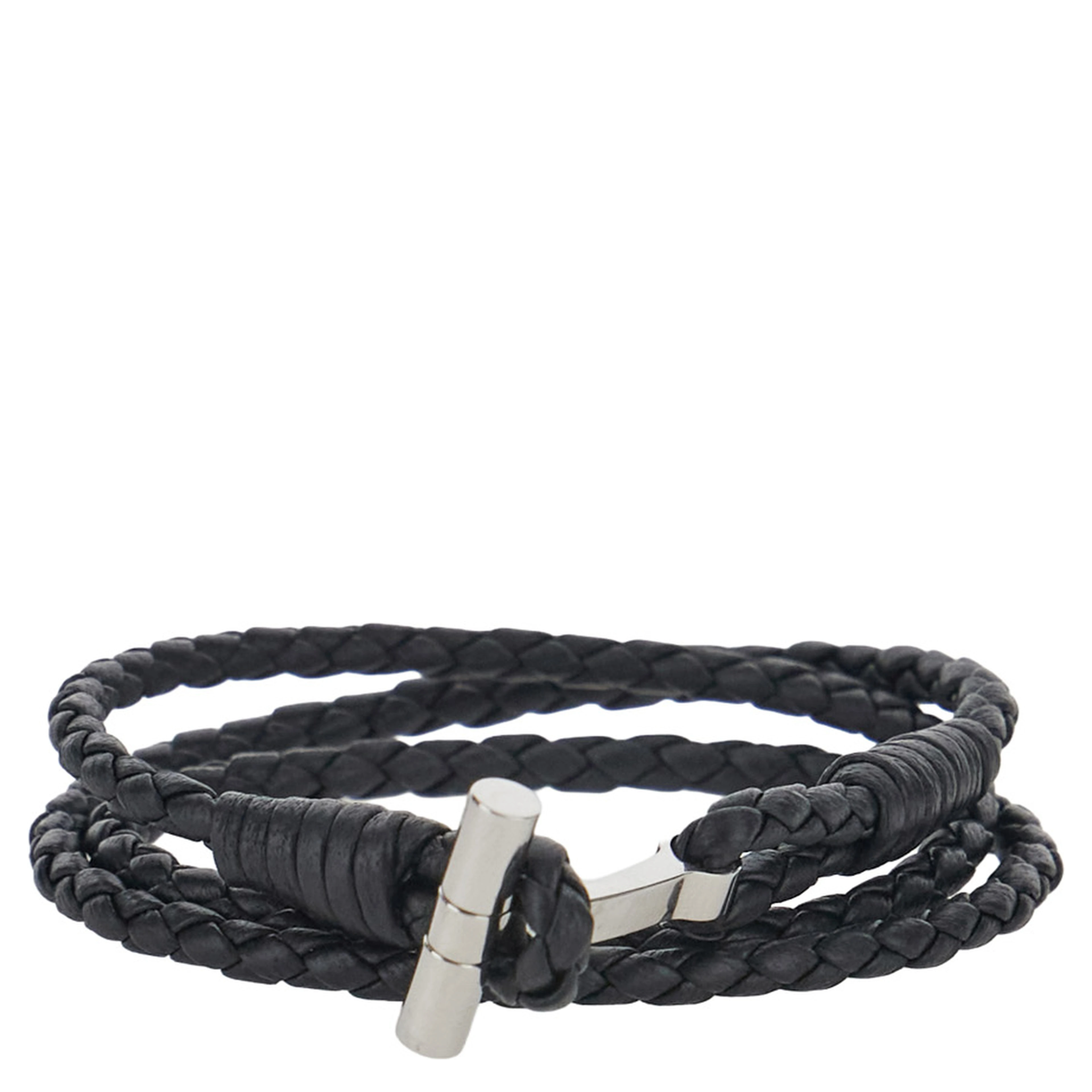 Black String Bracelet with Woven Design and Metal Plate Closure in Leather for Men