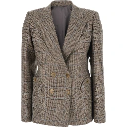 SaonaBeige Double-breasted Jacket with Peak Revers and Check Motif in Wool for Women