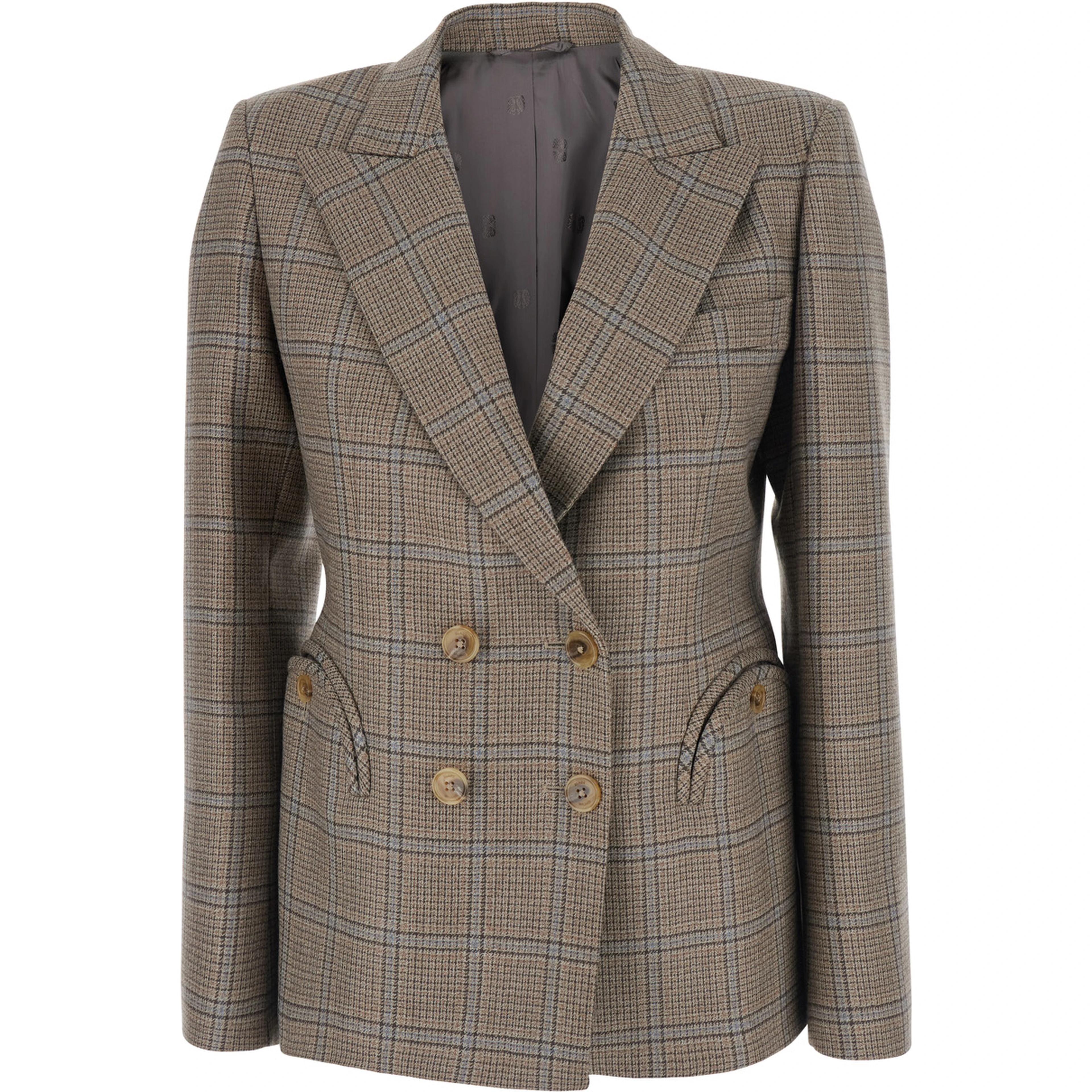 SaonaBeige Double-breasted Jacket with Peak Revers and Check Motif in Wool for Women