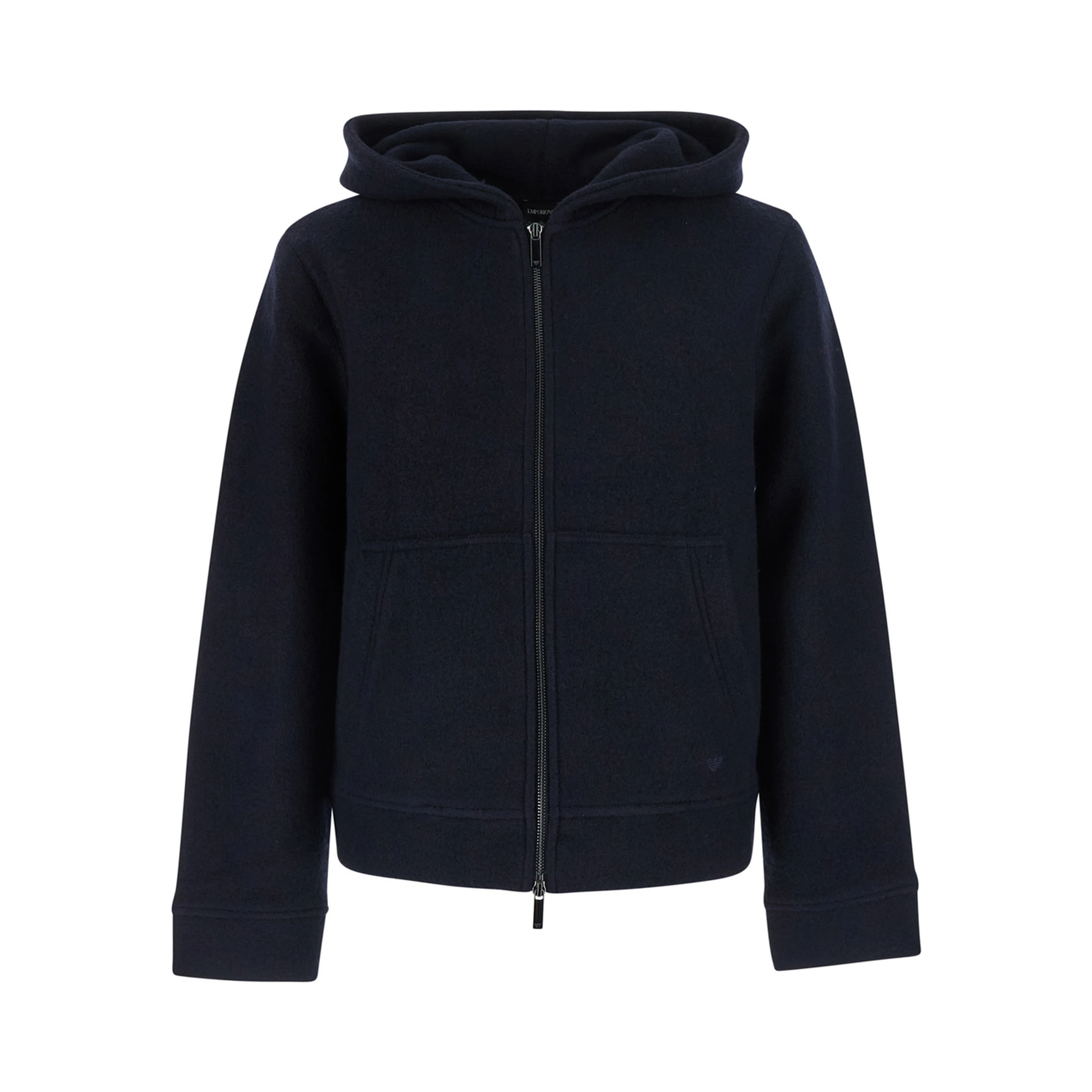 Blue Jacket with fixed hood and zip on the front in wool for men