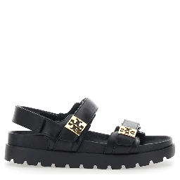 black Sandals with adjustable closure and logo plates in leather women