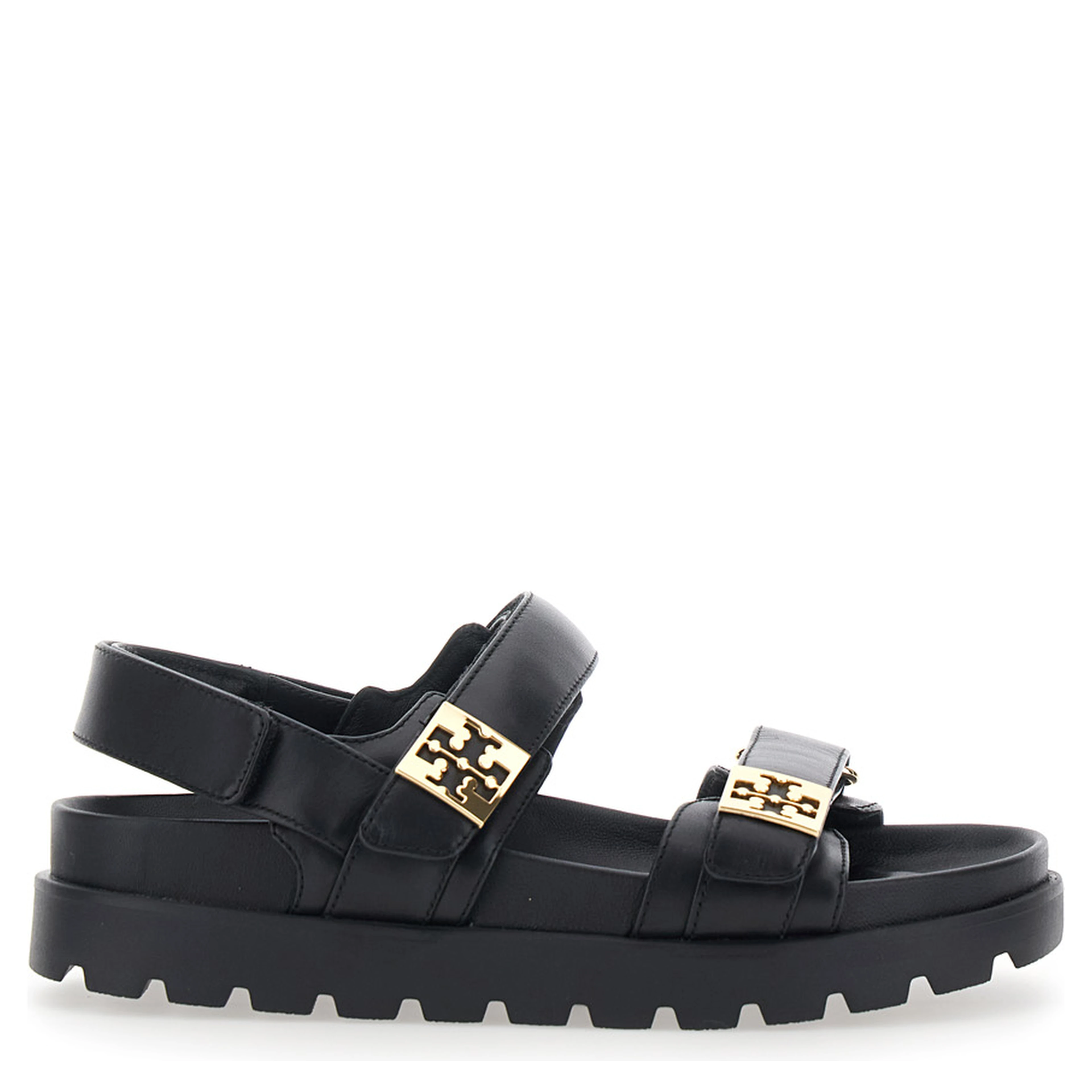 black Sandals with adjustable closure and logo plates in leather women