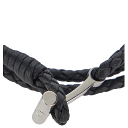Black String Bracelet with Woven Design and Metal Plate Closure in Leather for Men