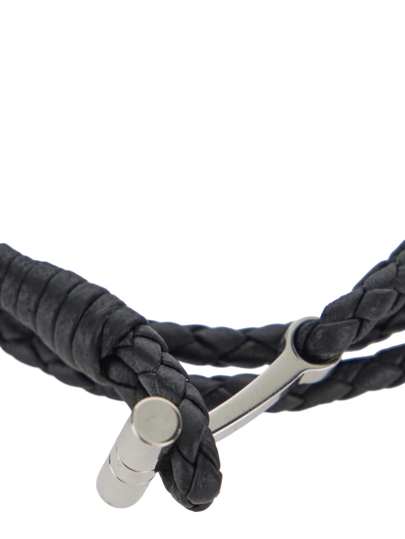 Black String Bracelet with Woven Design and Metal Plate Closure in Leather for Men